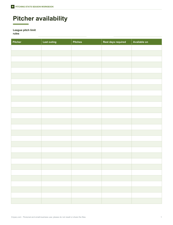 Preview of Printable Bullpen Availability Sheet