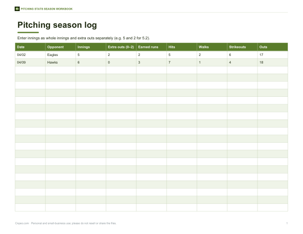 Preview of Printable Pitching Season Log